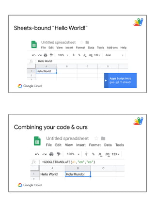 Sheets-bound “Hello World!”
Apps Script intro
goo.gl/1sXeuD
Combining your code & ours
 