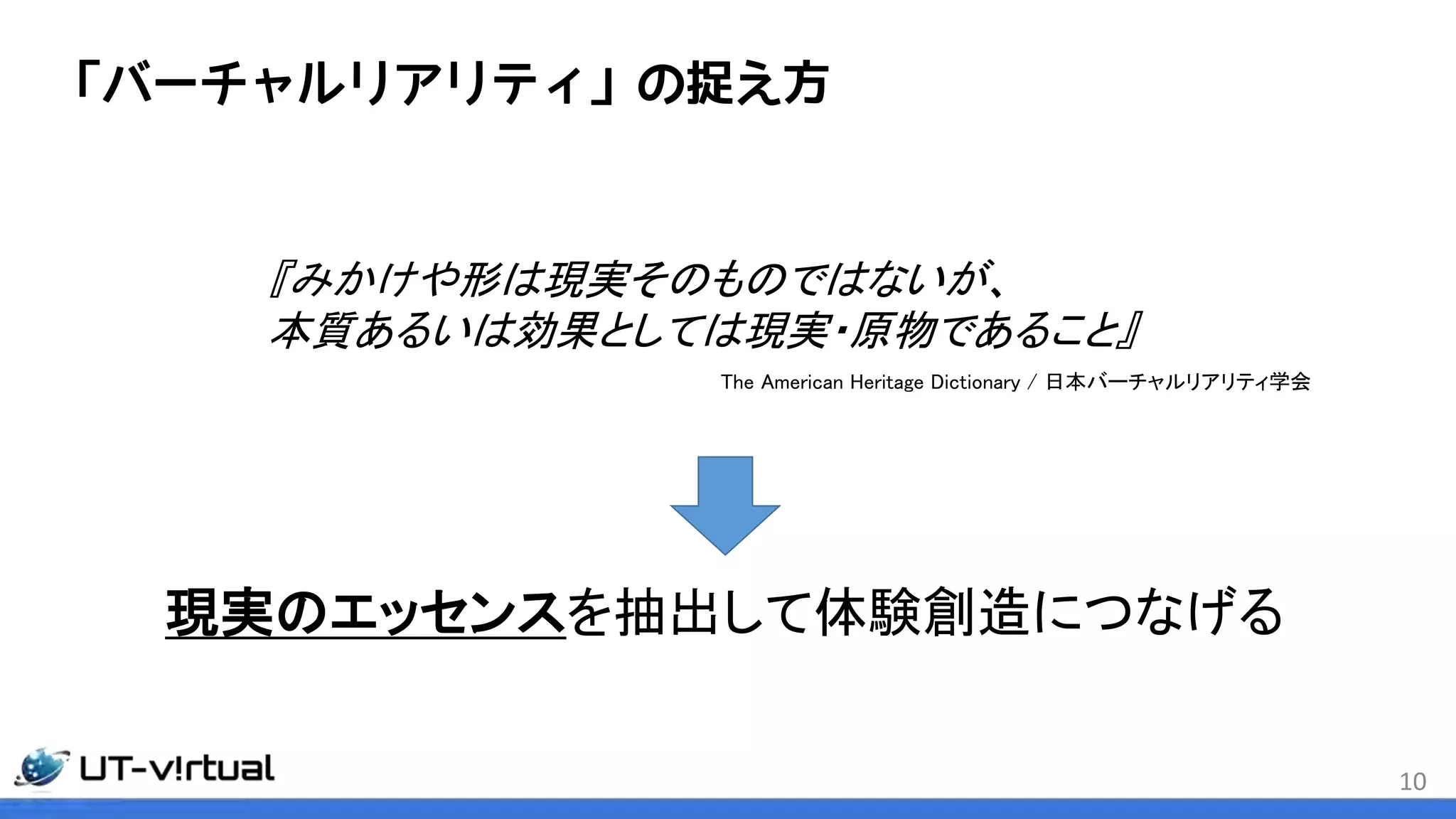 「バーチャルリアリティ」の捉え方
10
『みかけや形は現実そのものではないが、
本質あるいは効果としては現実・原物であること』
The American Heritage Dictionary / 日本バーチャルリアリティ学会
現実のエッセンスを抽出して体験創造につなげる
 
