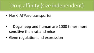 1. Drugs that are predominantly excreted renally.
2. Drugs whose metabolism is primarily flow-limited.
3. Drugs whose targets are not subject to large inter-species
differences in expression, affinity and distribution, or
whose effects are not dependent on a receptor interaction .
4. Drugs that do not distribute extensively into tissues.
The following drugs follow simple allometric scaling
 