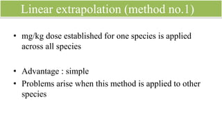 This method assumes that -
• any differences in species PK/PD are not clinically
relevant
• Dosage and weight are directly (linearly)
proportional.
Linear extrapolation ( contd…)
 