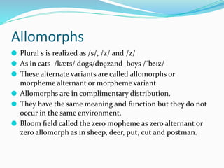 Allomorphs
⚫ Plural s is realized as /s/, /z/ and /z/
⚫ As in cats /kæts/ dogs/dɒɡzand boys /ˈbɔɪz/
⚫ These alternate variants are called allomorphs or
morpheme alternant or morpheme variant.
⚫ Allomorphs are in complimentary distribution.
⚫ They have the same meaning and function but they do not
occur in the same environment.
⚫ Bloom ﬁeld called the zero mopheme as zero alternant or
zero allomorph as in sheep, deer, put, cut and postman.
 