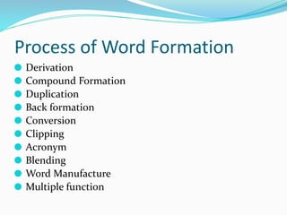 Process of Word Formation
⚫ Derivation
⚫ Compound Formation
⚫ Duplication
⚫ Back formation
⚫ Conversion
⚫ Clipping
⚫ Acronym
⚫ Blending
⚫ Word Manufacture
⚫ Multiple function
 