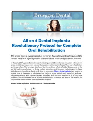 All on 4 Dental Implants: Revolutionary Protocol for Complete Oral Rehabilitation<br />This article takes a sweeping look at the All on 4 dental implant technique and the various benefits it affords patients over and above traditional placement protocol.<br />In the early 1990’s, years of clinical research and computer and biomechanical simulations culminated in a new dental implant placement protocol that was to revolutionize the fields of fixed oral rehabilitation and implantology. The technique developed by the combined efforts of Nobel Biocare, one of the world’s leading manufacturers of dental implant technology, and European implantologist, Dr. Paulo Malo, became referred to as the All-on-4. Since its conception, All on 4 dental implants have gone on to provide tens of thousands of edentulous (not having a single original adult tooth left) and near-edentulous patients with a comprehensive, immediate and long-term solution to all of their oral problems. This article takes a look at All on 4 dental implants in Houston and some of the benefits this technique has over traditional surgical placement protocol.<br />All on 4 Dental Implants in Houston: How the Technique Works<br />Previously, the patients that required a brand new set of teeth faced a choice between removable dentures, which go hand-in-hand with a vast array of difficult challenges, or a journey to oral rehabilitation that involved numerous consultations, surgeries, bone grafting and the placement of up to 20 dental implants! As a result, traditional dental implant protocol required as many as 18 months and sometimes more before a patient was able to smile with confidence again. This is not even to mention the exorbitant expenses associated with such a journey! All on 4 dental implants were essentially born out of a need to provide a more immediate, less expensive and far more sophisticated solution to rampant tooth loss and edentulism. And here is how the technique works:<br />The All on 4 dental implants technique consists of a fully customized prosthetic dental bridge, which is secured permanently in the mouth using, as the name suggests, only four implants (tiny, titanium screws). Owing to the precise placement and careful angulation of the All on 4 dental implants, skilled and qualified dentists are almost always able to avoid the need for bone grafting surgery beforehand. This applies even to patients that present with a substantial loss of bone volume in the jaw; a natural result of tooth loss gone untreated. As such, the entire procedure can quite easily be completed in a single day and since modern dental implants are fabricated to withstand immediate loading, patients are able to return home on the same day of their surgery and use their new teeth for eating, speaking and of course, for smiling!<br />All on 4 Dental Implants in Houston: Summing Up the Benefits<br />So, with All on 4 dental implants in Houston, patients are able to get a brand new set of immediately functional, perfectly aesthetic and comfortable replacement teeth that are permanently secured in the mouth using implants. The quality and durable materials that go into the manufacturing of the prosthesis and implant products ensure that All on 4 dental implants in Houston provide a comprehensive and long-term solution to tooth loss and edentulism; regardless of the underlying cause.<br />914401180465 <br />