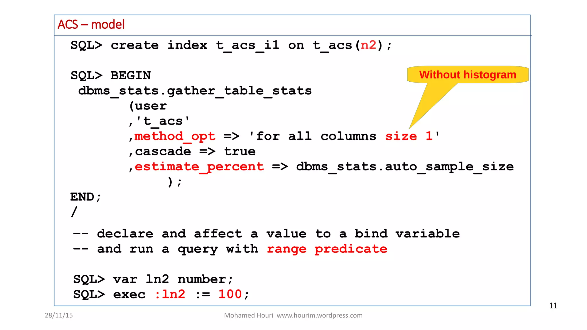 28/11/15 Mohamed Houri www.hourim.wordpress.com
11
ACS – model
SQL> create index t_acs_i1 on t_acs(n2);
SQL> BEGIN
dbms_stats.gather_table_stats
(user
,'t_acs'
,method_opt => 'for all columns size 1'
,cascade => true
,estimate_percent => dbms_stats.auto_sample_size
);
END;
/
–- declare and affect a value to a bind variable
–- and run a query with range predicate
SQL> var ln2 number;
SQL> exec :ln2 := 100;
Without histogram
 