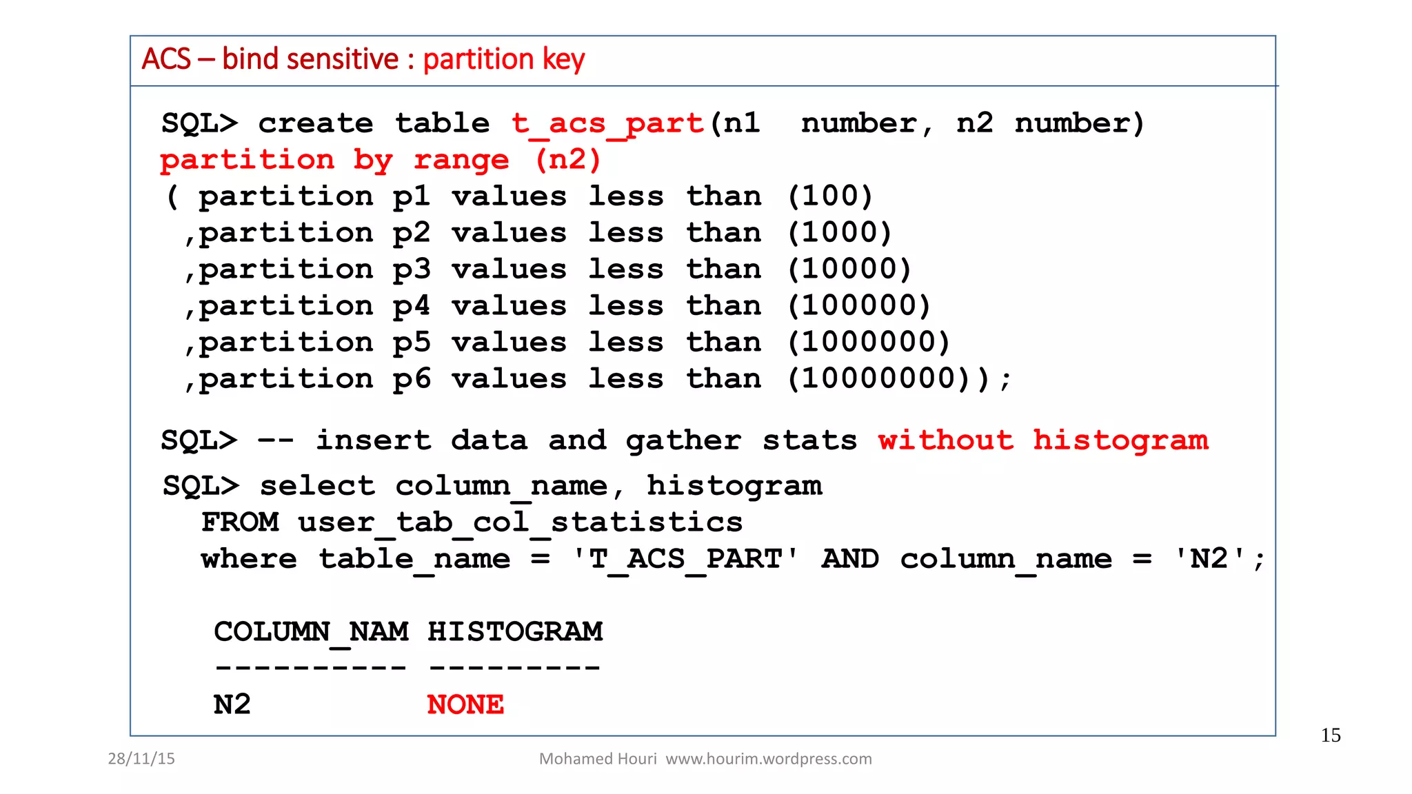 28/11/15 Mohamed Houri www.hourim.wordpress.com
15
ACS – bind sensitive : partition key
SQL> create table t_acs_part(n1 number, n2 number)
partition by range (n2)
( partition p1 values less than (100)
,partition p2 values less than (1000)
,partition p3 values less than (10000)
,partition p4 values less than (100000)
,partition p5 values less than (1000000)
,partition p6 values less than (10000000));
SQL> –- insert data and gather stats without histogram
SQL> select column_name, histogram
FROM user_tab_col_statistics
where table_name = 'T_ACS_PART' AND column_name = 'N2';
COLUMN_NAM HISTOGRAM
---------- ---------
N2 NONE
 
