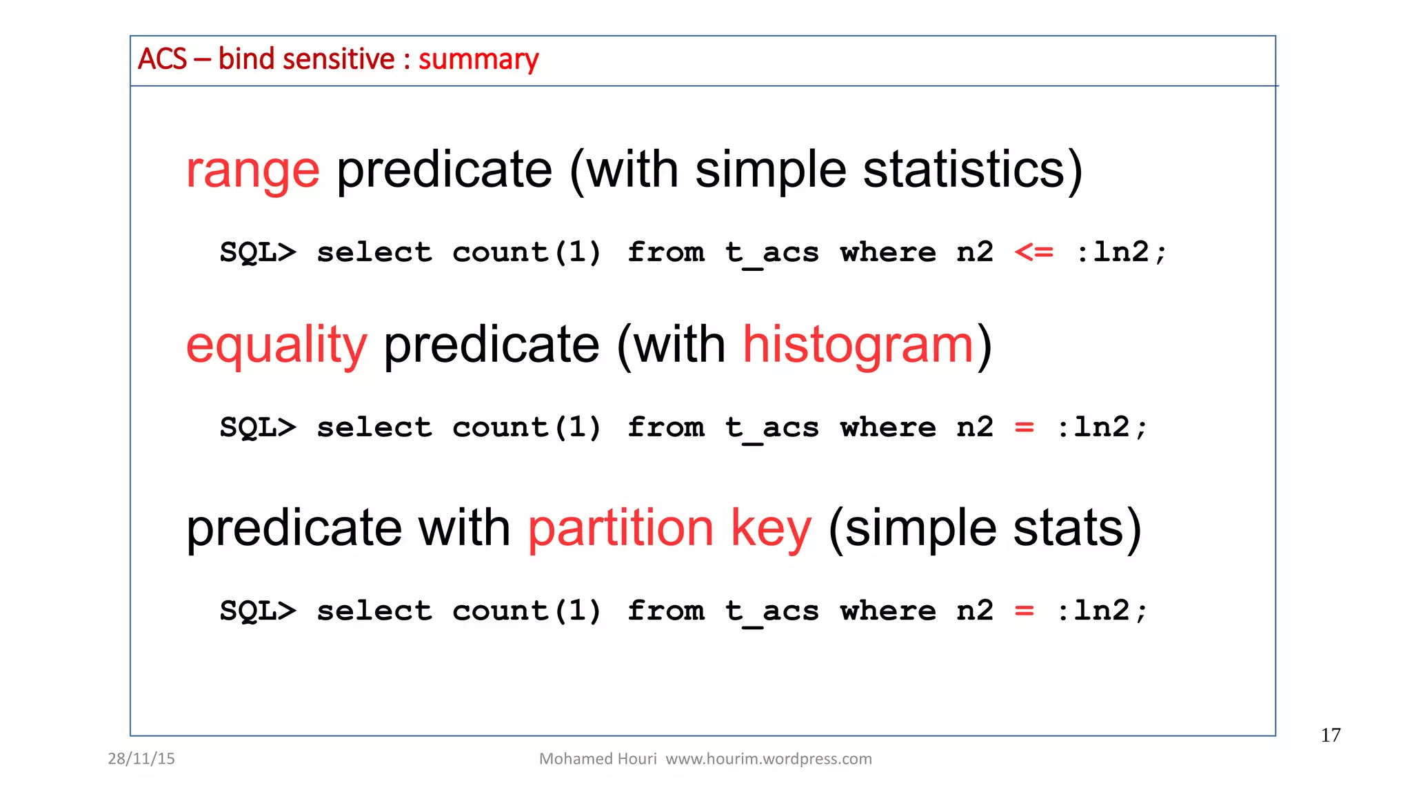 28/11/15 Mohamed Houri www.hourim.wordpress.com
17
ACS – bind sensitive : summary
range predicate (with simple statistics)
SQL> select count(1) from t_acs where n2 <= :ln2;
equality predicate (with histogram)
SQL> select count(1) from t_acs where n2 = :ln2;
predicate with partition key (simple stats)
SQL> select count(1) from t_acs where n2 = :ln2;
 