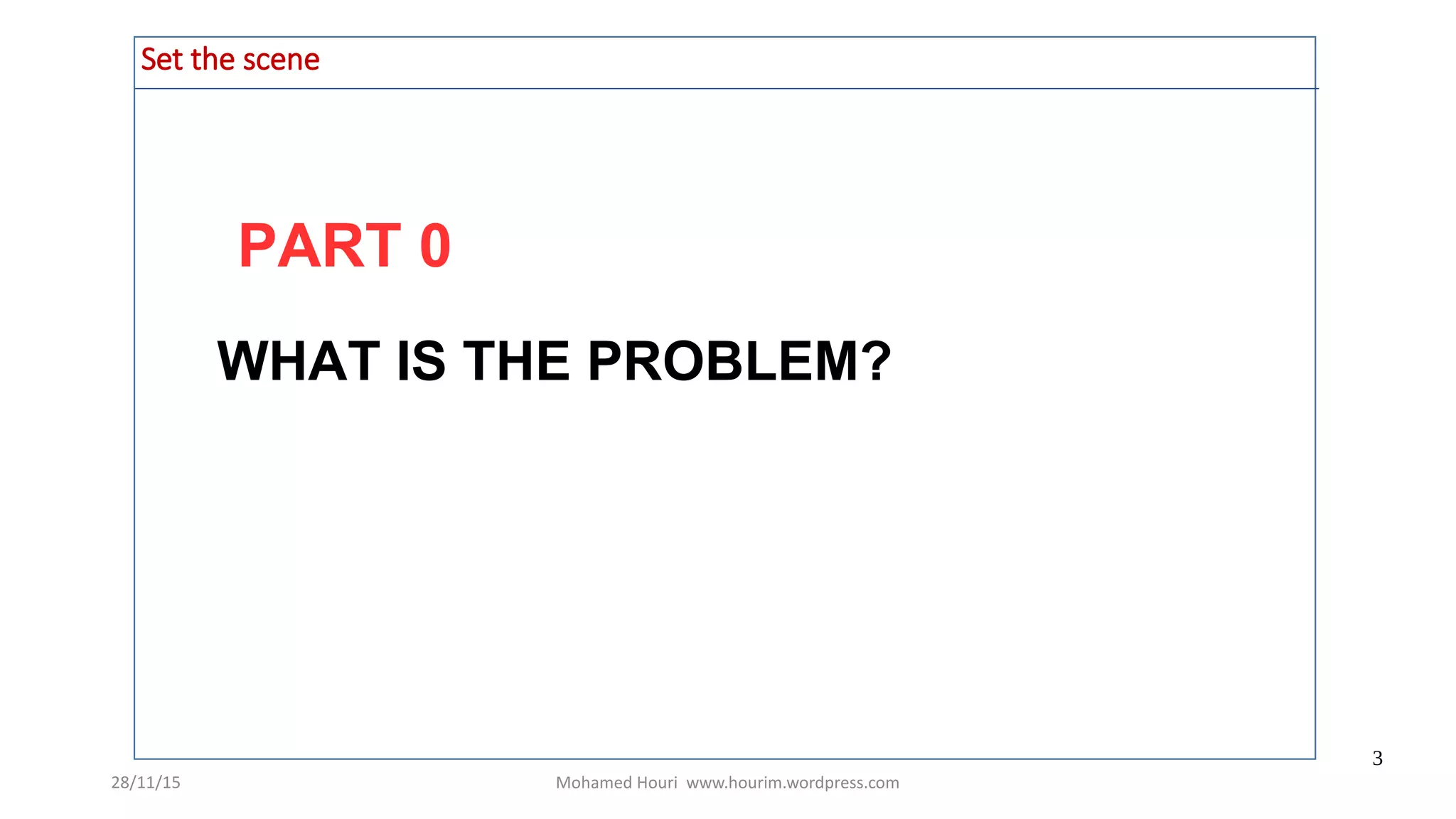 28/11/15 Mohamed Houri www.hourim.wordpress.com
3
WHAT IS THE PROBLEM?
PART 0
Set the scene
 
