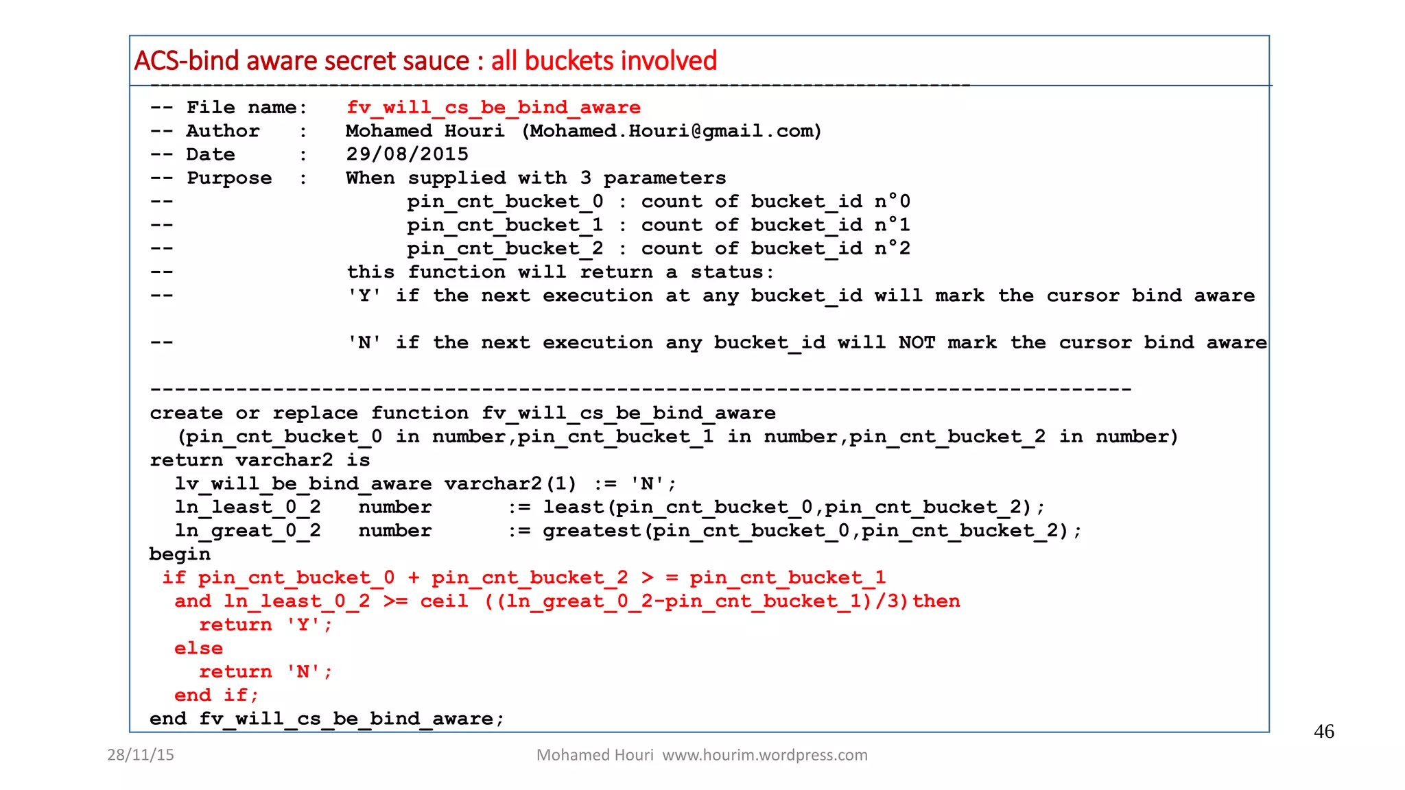 28/11/15 Mohamed Houri www.hourim.wordpress.com
46
ACS-bind aware secret sauce : all buckets involved
------------------------------------------------------------------------------
-- File name: fv_will_cs_be_bind_aware
-- Author : Mohamed Houri (Mohamed.Houri@gmail.com)
-- Date : 29/08/2015
-- Purpose : When supplied with 3 parameters
-- pin_cnt_bucket_0 : count of bucket_id n°0
-- pin_cnt_bucket_1 : count of bucket_id n°1
-- pin_cnt_bucket_2 : count of bucket_id n°2
-- this function will return a status:
-- 'Y' if the next execution at any bucket_id will mark the cursor bind aware
-- 'N' if the next execution any bucket_id will NOT mark the cursor bind aware
--------------------------------------------------------------------------------
create or replace function fv_will_cs_be_bind_aware
(pin_cnt_bucket_0 in number,pin_cnt_bucket_1 in number,pin_cnt_bucket_2 in number)
return varchar2 is
lv_will_be_bind_aware varchar2(1) := 'N';
ln_least_0_2 number := least(pin_cnt_bucket_0,pin_cnt_bucket_2);
ln_great_0_2 number := greatest(pin_cnt_bucket_0,pin_cnt_bucket_2);
begin
if pin_cnt_bucket_0 + pin_cnt_bucket_2 > = pin_cnt_bucket_1
and ln_least_0_2 >= ceil ((ln_great_0_2-pin_cnt_bucket_1)/3)then
return 'Y';
else
return 'N';
end if;
end fv_will_cs_be_bind_aware;
 