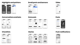 Highlights and pointers
Conversations and bots
Checklists
Small posts and banners
Carousels
Stories
Video
Posts
Push notifications
 