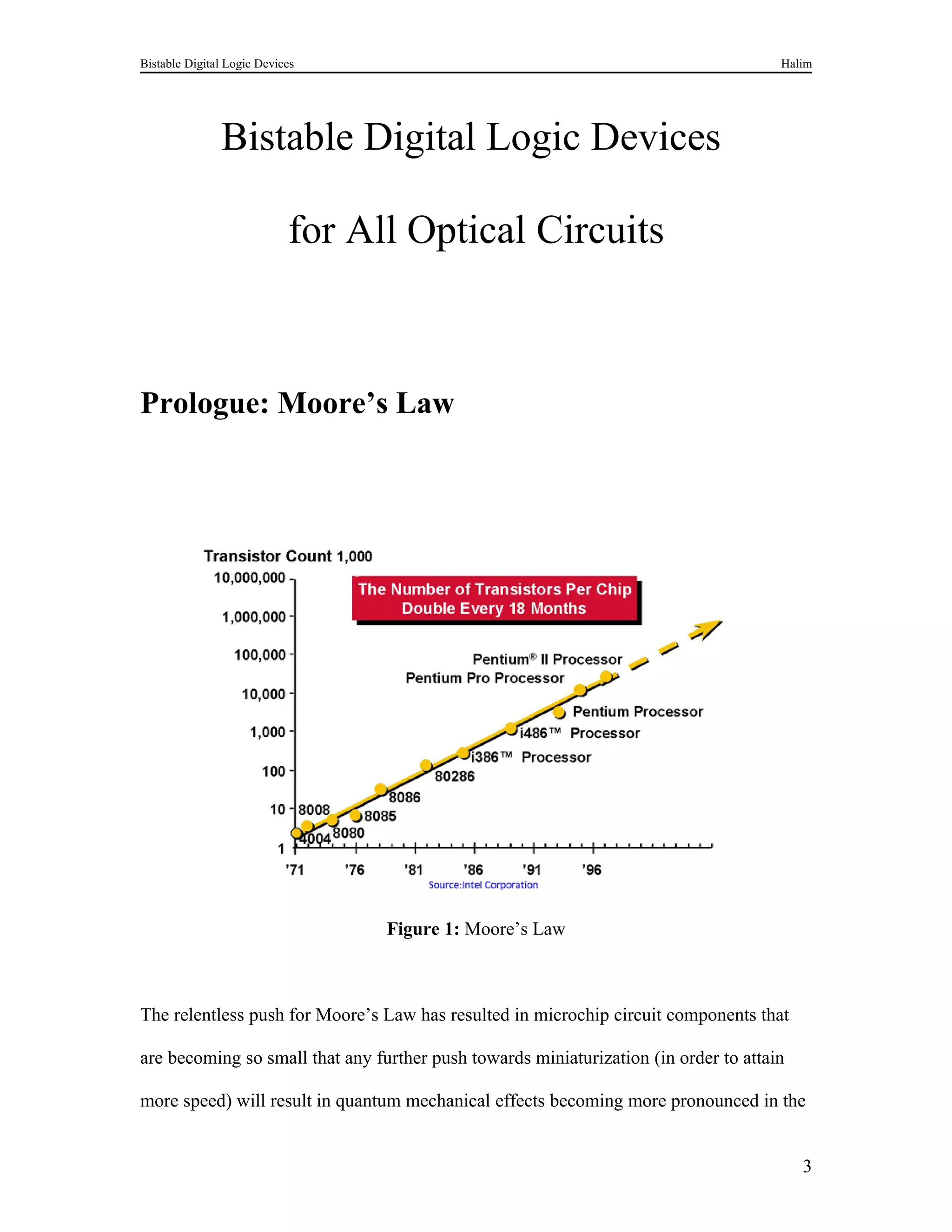 Bistable Digital Logic Devices                                                        Halim




               Bistable Digital Logic Devices

                            for All Optical Circuits



Prologue: Moore’s Law




                                  Figure 1: Moore’s Law



The relentless push for Moore’s Law has resulted in microchip circuit components that

are becoming so small that any further push towards miniaturization (in order to attain

more speed) will result in quantum mechanical effects becoming more pronounced in the


                                                                                          3
 