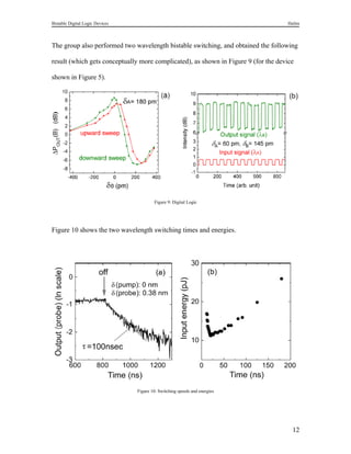 Bistable Digital Logic Devices                                                      Halim



The group also performed two wavelength bistable switching, and obtained the following

result (which gets conceptually more complicated), as shown in Figure 9 (for the device

shown in Figure 5).




                                         Figure 9: Digital Logic




Figure 10 shows the two wavelength switching times and energies.




                                 Figure 10: Switching speeds and energies




                                                                                      12
 