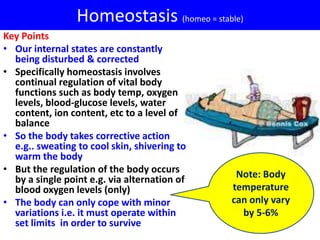 Homeostasis (homeo = stable)
Key Points
• Our internal states are constantly
  being disturbed & corrected
• Specifically homeostasis involves
  continual regulation of vital body
  functions such as body temp, oxygen
  levels, blood-glucose levels, water
  content, ion content, etc to a level of
  balance
• So the body takes corrective action
  e.g.. sweating to cool skin, shivering to
  warm the body
• But the regulation of the body occurs        Note: Body
  by a single point e.g. via alternation of
  blood oxygen levels (only)                  temperature
• The body can only cope with minor           can only vary
  variations i.e. it must operate within        by 5-6%
  set limits in order to survive
 