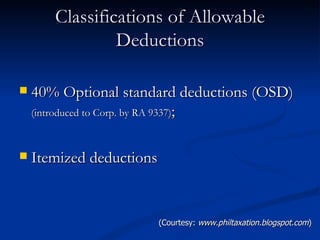 Classifications of Allowable Deductions 40% Optional standard deductions (OSD)  (introduced to Corp. by RA 9337) ; Itemized deductions (Courtesy:  www.philtaxation.blogspot.com ) 