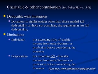 Charitable & other contribution   (Sec. 34(H)/RR No. 13-98) Deductible with limitations Donations to similar entities other than those entitled full deductibility or those not complying the requirements for full deductibility; Limitations: Individual- not exceeding  10%  of taxable  income from trade/business or  profession before considering the  donation  Corporation- not exceeding  5%  of taxable  income from trade/business or  profession before considering the  donation  (Courtesy:  www.philtaxation.blogspot.com ) 