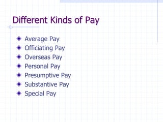 Different Kinds of Pay
Average Pay
Officiating Pay
Overseas Pay
Personal Pay
Presumptive Pay
Substantive Pay
Special Pay
 