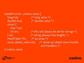 typedef union _zvalue_value {
long lval;
/* long value */
double dval;
/* double value */
struct {
char *val;
int len;
/* this will always be set for strings */
} str;
/* string (always has length) */
HashTable *ht;
/* an array */
zend_object_value obj; /* stores an object store handle,
and handlers */
} zvalue_value;

 