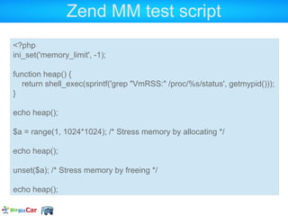 A quick word on ZendMM internals
 ZEND_MM_SEG_SIZE env variable to customize
segment size
 Must be power-of-two aligned
...