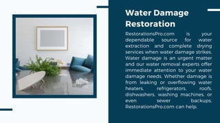 Water Damage
Restoration
RestorationsPro.com is your
dependable source for water
extraction and complete drying
services w...