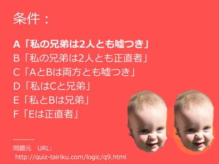 
A˽ֵܤ2ˤȤĤ
B˽ֵܤ2ˤȤֱߡ
CABρIȤĤ
D˽Cֵܡ
E˽Bֵܡ
FEֱߡ

--------
}Ԫ URL:
 http://quiz-tairiku.com/logic/q9.html
 