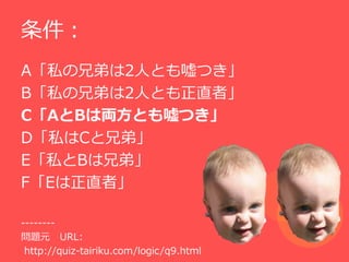 
A˽ֵܤ2ˤȤĤ
B˽ֵܤ2ˤȤֱߡ
CABρIȤĤ
D˽Cֵܡ
E˽Bֵܡ
FEֱߡ

--------
}Ԫ URL:
 http://quiz-tairiku.com/logic/q9.html
 