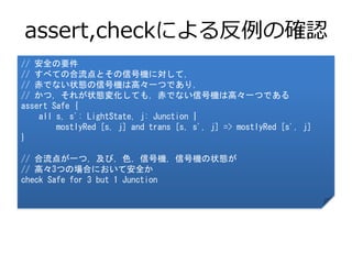 assert,checkによる反例の確認 
// 安全の要件 
// すべての合流点とその信号機に対して， 
// 赤でない状態の信号機は高々一つであり， 
// かつ，それが状態変化しても，赤でない信号機は高々一つである 
assert Safe { 
all s, s': LightState, j: Junction | 
mostlyRed [s, j] and trans [s, s', j] => mostlyRed [s', j] 
} 
// 合流点が一つ，及び，色，信号機，信号機の状態が 
// 高々3つの場合において安全か 
check Safe for 3 but 1 Junction 
 