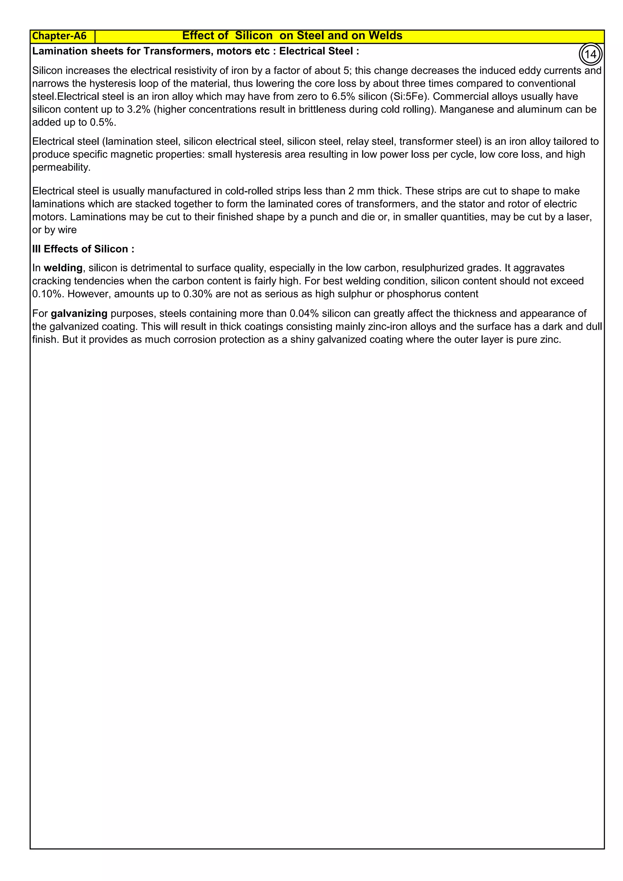 Chapter-A6 Effect of Silicon on Steel and on Welds
By JGC Annamalai
Lamination sheets for Transformers, motors etc : Electrical Steel :
Ill Effects of Silicon :
For galvanizing purposes, steels containing more than 0.04% silicon can greatly affect the thickness and appearance of
the galvanized coating. This will result in thick coatings consisting mainly zinc-iron alloys and the surface has a dark and dull
finish. But it provides as much corrosion protection as a shiny galvanized coating where the outer layer is pure zinc.
Silicon increases the electrical resistivity of iron by a factor of about 5; this change decreases the induced eddy currents and
narrows the hysteresis loop of the material, thus lowering the core loss by about three times compared to conventional
steel.Electrical steel is an iron alloy which may have from zero to 6.5% silicon (Si:5Fe). Commercial alloys usually have
silicon content up to 3.2% (higher concentrations result in brittleness during cold rolling). Manganese and aluminum can be
added up to 0.5%.
Electrical steel (lamination steel, silicon electrical steel, silicon steel, relay steel, transformer steel) is an iron alloy tailored to
produce specific magnetic properties: small hysteresis area resulting in low power loss per cycle, low core loss, and high
permeability.
Electrical steel is usually manufactured in cold-rolled strips less than 2 mm thick. These strips are cut to shape to make
laminations which are stacked together to form the laminated cores of transformers, and the stator and rotor of electric
motors. Laminations may be cut to their finished shape by a punch and die or, in smaller quantities, may be cut by a laser,
or by wire
In welding, silicon is detrimental to surface quality, especially in the low carbon, resulphurized grades. It aggravates
cracking tendencies when the carbon content is fairly high. For best welding condition, silicon content should not exceed
0.10%. However, amounts up to 0.30% are not as serious as high sulphur or phosphorus content
14
 