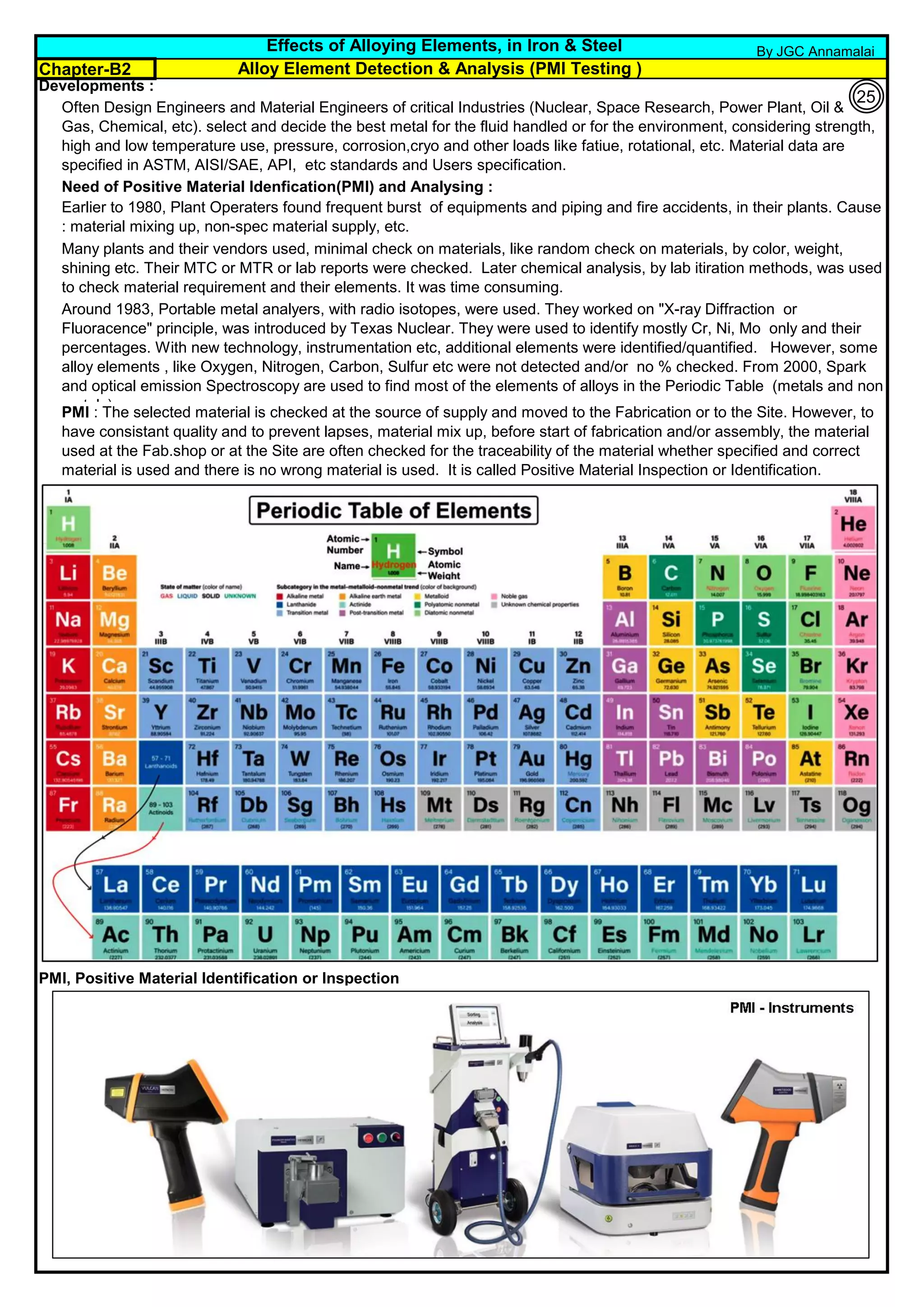 Chapter-B2
Developments :
PMI, Positive Material Identification or Inspection
Effects of Alloying Elements, in Iron & Steel
Alloy Element Detection & Analysis (PMI Testing )
PMI : The selected material is checked at the source of supply and moved to the Fabrication or to the Site. However, to
have consistant quality and to prevent lapses, material mix up, before start of fabrication and/or assembly, the material
used at the Fab.shop or at the Site are often checked for the traceability of the material whether specified and correct
material is used and there is no wrong material is used. It is called Positive Material Inspection or Identification.
Often Design Engineers and Material Engineers of critical Industries (Nuclear, Space Research, Power Plant, Oil &
Gas, Chemical, etc). select and decide the best metal for the fluid handled or for the environment, considering strength,
high and low temperature use, pressure, corrosion,cryo and other loads like fatiue, rotational, etc. Material data are
specified in ASTM, AISI/SAE, API, etc standards and Users specification.
Need of Positive Material Idenfication(PMI) and Analysing :
Earlier to 1980, Plant Operaters found frequent burst of equipments and piping and fire accidents, in their plants. Cause
: material mixing up, non-spec material supply, etc.
Many plants and their vendors used, minimal check on materials, like random check on materials, by color, weight,
shining etc. Their MTC or MTR or lab reports were checked. Later chemical analysis, by lab itiration methods, was used
to check material requirement and their elements. It was time consuming.
Around 1983, Portable metal analyers, with radio isotopes, were used. They worked on "X-ray Diffraction or
Fluoracence" principle, was introduced by Texas Nuclear. They were used to identify mostly Cr, Ni, Mo only and their
percentages. With new technology, instrumentation etc, additional elements were identified/quantified. However, some
alloy elements , like Oxygen, Nitrogen, Carbon, Sulfur etc were not detected and/or no % checked. From 2000, Spark
and optical emission Spectroscopy are used to find most of the elements of alloys in the Periodic Table (metals and non
metals).
By JGC Annamalai
25
 