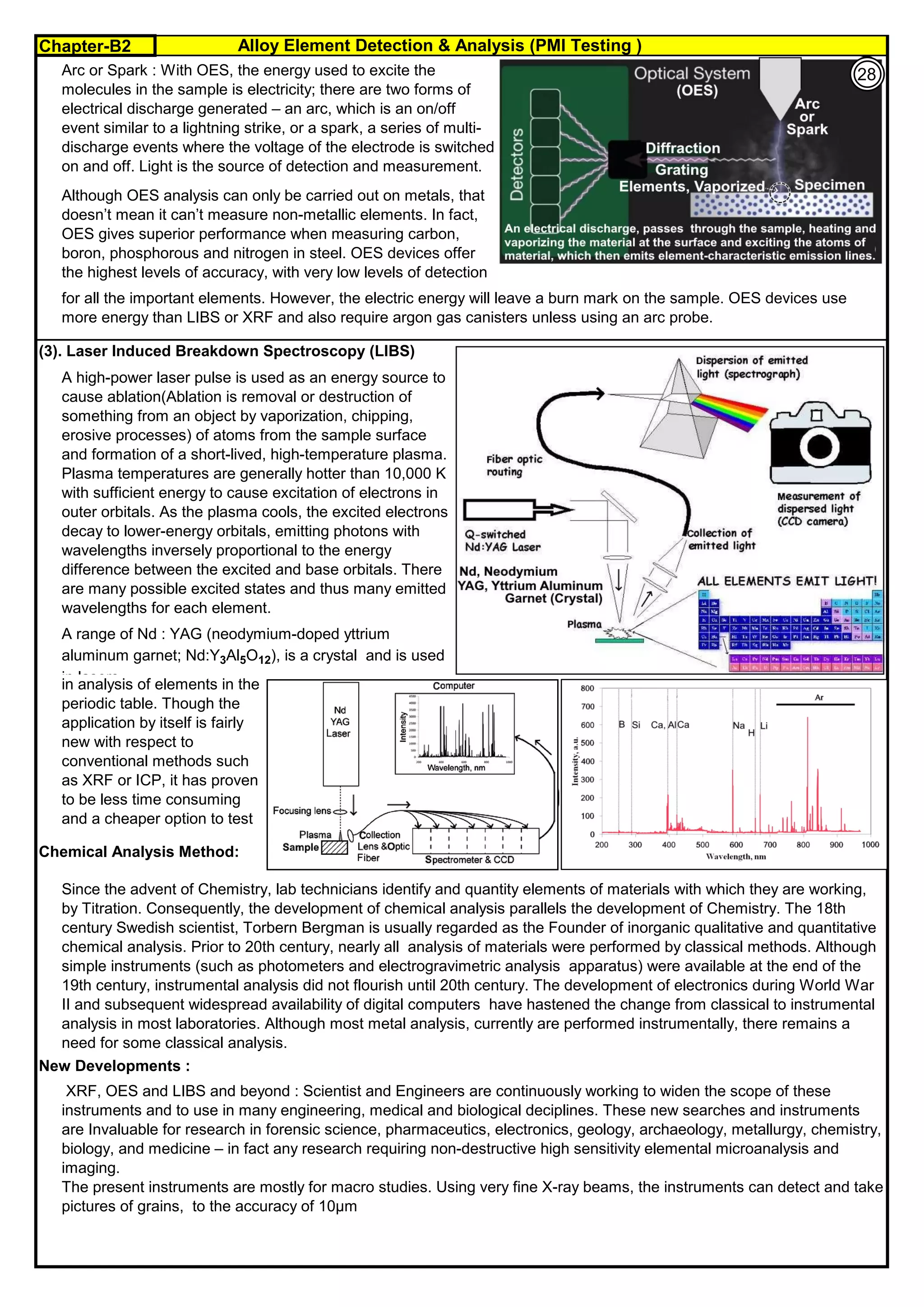 Chapter-B2 Alloy Element Detection & Analysis (PMI Testing )
By JGC Annamalai
(3). Laser Induced Breakdown Spectroscopy (LIBS)
Chemical Analysis Method:
New Developments :
Since the advent of Chemistry, lab technicians identify and quantity elements of materials with which they are working,
by Titration. Consequently, the development of chemical analysis parallels the development of Chemistry. The 18th
century Swedish scientist, Torbern Bergman is usually regarded as the Founder of inorganic qualitative and quantitative
chemical analysis. Prior to 20th century, nearly all analysis of materials were performed by classical methods. Although
simple instruments (such as photometers and electrogravimetric analysis apparatus) were available at the end of the
19th century, instrumental analysis did not flourish until 20th century. The development of electronics during World War
II and subsequent widespread availability of digital computers have hastened the change from classical to instrumental
analysis in most laboratories. Although most metal analysis, currently are performed instrumentally, there remains a
need for some classical analysis.
XRF, OES and LIBS and beyond : Scientist and Engineers are continuously working to widen the scope of these
instruments and to use in many engineering, medical and biological deciplines. These new searches and instruments
are Invaluable for research in forensic science, pharmaceutics, electronics, geology, archaeology, metallurgy, chemistry,
biology, and medicine – in fact any research requiring non-destructive high sensitivity elemental microanalysis and
imaging.
The present instruments are mostly for macro studies. Using very fine X-ray beams, the instruments can detect and take
pictures of grains, to the accuracy of 10μm
A high-power laser pulse is used as an energy source to
cause ablation(Ablation is removal or destruction of
something from an object by vaporization, chipping,
erosive processes) of atoms from the sample surface
and formation of a short-lived, high-temperature plasma.
Plasma temperatures are generally hotter than 10,000 K
with sufficient energy to cause excitation of electrons in
outer orbitals. As the plasma cools, the excited electrons
decay to lower-energy orbitals, emitting photons with
wavelengths inversely proportional to the energy
difference between the excited and base orbitals. There
are many possible excited states and thus many emitted
wavelengths for each element.
A range of Nd : YAG (neodymium-doped yttrium
aluminum garnet; Nd:Y3Al5O12), is a crystal and is used
in lasers
in analysis of elements in the
periodic table. Though the
application by itself is fairly
new with respect to
conventional methods such
as XRF or ICP, it has proven
to be less time consuming
and a cheaper option to test
Arc or Spark : With OES, the energy used to excite the
molecules in the sample is electricity; there are two forms of
electrical discharge generated – an arc, which is an on/off
event similar to a lightning strike, or a spark, a series of multi-
discharge events where the voltage of the electrode is switched
on and off. Light is the source of detection and measurement.
Although OES analysis can only be carried out on metals, that
doesn’t mean it can’t measure non-metallic elements. In fact,
OES gives superior performance when measuring carbon,
boron, phosphorous and nitrogen in steel. OES devices offer
the highest levels of accuracy, with very low levels of detection
for all the important elements. However, the electric energy will leave a burn mark on the sample. OES devices use
more energy than LIBS or XRF and also require argon gas canisters unless using an arc probe.
28
 