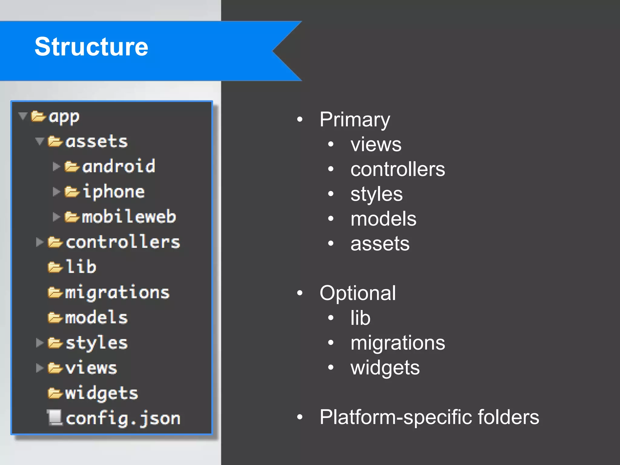 Structure

            • Primary
               • views
               • controllers
               • styles
               • models
               • assets

            • Optional
              • lib
              • migrations
              • widgets

            • Platform-specific folders
 