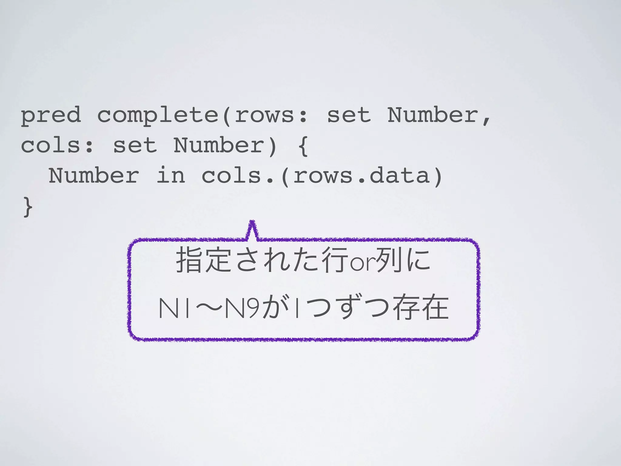 pred complete(rows: set Number,
cols: set Number) {
! Number in cols.(rows.data)
}

          指定された行or列に
        N1∼N9が1つずつ存在
 
