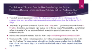 The Release of Elements from the Base Metal Alloys in a Protein
Containing Biologic Environments and Artificial Saliva – An Invitro Study
JCDR. 2016;
 This study aims to determine whether the solution in which an alloy is submerged and the
exposure time have any effect on the amount of release of elements from the Ni-Cr and Co-Cr
alloys.
 A total of 126 specimens were made from the Ni-Cr alloy and 42 specimens were made from Co-
Cr alloy. Dissolution experiments were carried out in Bovine Serum Albumin (BSA) and artificial
saliva for a period of seven weeks and atomic absorption spectrophotometer was used for
elemental analysis.
 Results: The release of elements from the Ni-Cr alloy showed the predominant release of Cr.
 Conclusion: The protein containing solution showed maximum release of elements from Ni-Cr
and Co-Cr alloys. The elements that released from the alloys never reached their threshold for
toxic effects. Hence these alloys can be safely used in fabrication of metal restorations without
any ill effects
104
107
 