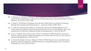  5. McGinley E, Moran G, Fleming G. Biocompatibility effects of indirect exposure of base-
metal dental casting alloys to a human-derived three-dimensional oral mucosal model. Journal of
Dentistry. 2013;41(11):1091-1100.
 6. Pangi A. The Release of Elements from the Base Metal Alloys in a Protein Containing
Biologic Environments and Artificial Saliva – An Invitro Study. JCDR. 2016;.
 7. Andrei M, Galateanu B, Hudita A, Costache M, Osiceanu P, Calderon Moreno J et al.
Electrochemical comparison and biological performance of a new CoCrNbMoZr alloy with
commercial CoCrMo alloy. Materials Science and Engineering: C. 2016;59:346-355
 8. Lee J, Song K, Ahn S, Choi J, Seo J, Park J. Evaluation of effect of galvanic corrosion
between nickel-chromium metal and titanium on ion release and cell toxicity. The Journal of
Advanced Prosthodontics. 2015;7(2):172. .
 9. Anwar M, Tripathi A, Kar S, Sekhar K. Effect of PFM Firing Cycles on the Mechanical
Properties, Phase Composition, and Microstructure of Nickel-Chromium Alloy. Journal of
Prosthodontics. 2015;24(8):634-641.
110
107
 