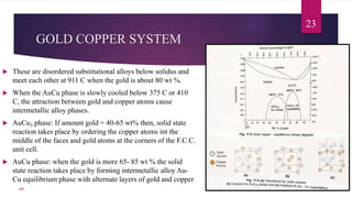 GOLD COPPER SYSTEM
 These are disordered substitutional alloys below solidus and
meet each other at 911 C when the gold is about 80 wt %.
 When the AuCu phase is slowly cooled below 375 C or 410
C, the attraction between gold and copper atoms cause
intermetallic alloy phases.
 AuCu3 phase: If amount gold = 40-65 wt% then, solid state
reaction takes place by ordering the copper atoms int the
middle of the faces and gold atoms at the corners of the F.C.C.
unit cell.
 AuCu phase: when the gold is more 65- 85 wt % the solid
state reaction takes place by forming intermetallic alloy Au-
Cu equilibrium phase with alternate layers of gold and copper
23
107
 