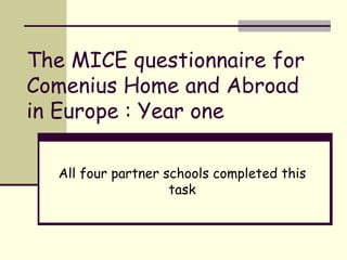 The MICE questionnaire for Comenius Home and Abroad in Europe : Year one   All four partner schools completed this task 
