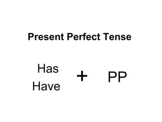 Present Perfect Tense
Has
Have
+ PP
 