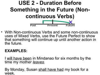 USE 2 - Duration Before
Something in the Future (Non-
continuous Verbs)
• With Non-continuous Verbs and some non-continuous
uses of Mixed Verbs, use the Future Perfect to show
that something will continue up until another action in
the future.
EXAMPLES:
I will have been in Mindanao for six months by the
time my mother leaves.
By Monday, Susan shall have had my book for a
week.
 