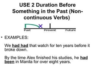 USE 2 Duration Before
Something in the Past (Non-
continuous Verbs)
• EXAMPLES:
We had had that watch for ten years before it
broke down.
By the time Alex finished his studies, he had
been in Manila for over eight years.
 