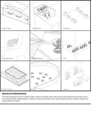 ExhibitionSpace
PerformanceSpace
AnimationTheatre EventHall Lounge
TransitionalSpaces Ofﬁce
MakersStudio EditingRoom
SPACESOFPERFORMANCE
Thisplateexplorestheuseofspaceswhenmakingastory/ﬁlmwhichalsoshowshowpeopleusethespacessuch
asshootingstudios,editingspaces,exhibitionspacesandperformancespacesthatpromotescreativitytowardsthe
surroundingcommunity.
 