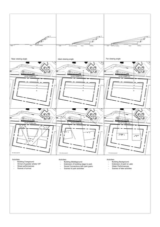 Ideal viewing angle
25m from building
7°
12°
15°
Lake Road BuildingLake Road 5m from building
23°
28°
30°
Near viewing angle
JALAN TEMBELINGJALAN TEMBELING JALAN TEMBELING
40m from building
4°
8°
11°
Lake Road Building
Far viewing angle
Activities:
- Building Foreground
- Arrival of guests/ artists/ VIP
- Street performances
- Scenes of arrival
Activities:
- Building Middleground
- Extension of building stage to park
- Social Connections with park goers
- Scenes of park activities
Activities:
- Building Background
- Extension of park to Lake
- Water Performances
- Scenes of lake activities
JALAN TEMBELING JALAN TEMBELING JALAN TEMBELING
7-10m above ground3.5m above ground0m above ground
 