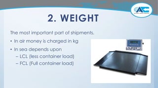 2. WEIGHT
The most important part of shipments.
• In air money is charged in kg
• In sea depends upon
– LCL (less container load)
– FCL (Full container load)
 