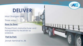 DELIVER
Most Strongest part,
Three ways:
Door to Door:
Picked From manufacturer and
transported to receiver as
ordered.
Port to Port:
Jinnah terminal to Jfk
 