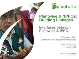 LOSE LESS, FEED MORE
www.plantwise.org
Plantwise & NPPOs:
Building Linkages
Interfaces between
Plantwise & IPPC
9th Session of the
Commission on Phytosanitary Measures
FAO, Rome, Italy
2 April 2014
 
