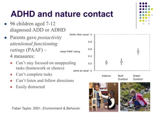 35
ADHD and nature contact
 96 children aged 7-12
diagnosed ADD or ADHD
 Parents gave postactivity
attentional functioning
ratings (PAAF) –
4 measures:
 Can’t stay focused on unappealing
tasks (homework or chores)
 Can’t complete tasks
 Can’t listen and follow directions
 Easily distracted
Faber Taylor. 2001. Environment & Behavior
 