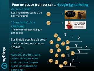 Pour ne pas se tromper sur … Google Remarketing
Audience cible:
Les internautes partis d’un
site marchand

“Granularité” de la
campagne:
1 même message statique
par cookie
                                  ?
Et s’il était possible de créer            ?
une bannière pour chaque
produit ….                                 ?       ?
                                               ?
Avec 200 produits dans                ?
votre catalogue, vous
auriez à créer jusqu’à
                                       ?
plusieurs millions de                 ?
bannières !
 