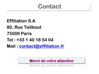 Contact

Effiliation S.A
80, Rue Taitbout
75009 Paris
Tel : +33 1 40 18 54 04
Mail : contact@effiliation.fr


           Merci de votre attention
 
