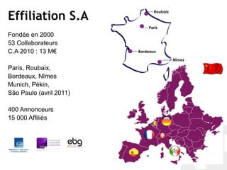 Effiliation S.A
                                Roubaix



                             Paris

Fondée en 2000
53 Collaborateurs
C.A 2010 : 13 M€         Bordeaux

                                          Nîmes

Paris, Roubaix,
Bordeaux, Nîmes
Munich, Pékin,
São Paulo (avril 2011)

400 Annonceurs
15 000 Affiliés
 