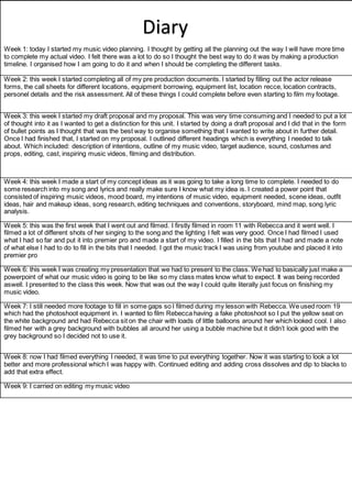 Week 1: today I started my music video planning. I thought by getting all the planning out the way I will have more time
to complete my actual video. I felt there was a lot to do so I thought the best way to do it was by making a production
timeline. I organised how I am going to do it and when I should be completing the different tasks.
Week 2: this week I started completing all of my pre production documents. I started by filling out the actor release
forms, the call sheets for different locations, equipment borrowing, equipment list, location recce, location contracts,
personel details and the risk assessment. All of these things I could complete before even starting to film my footage.
Week 3: this week I started my draft proposal and my proposal. This was very time consuming and I needed to put a lot
of thought into it as I wanted to get a distinction for this unit. I started by doing a draft proposal and I did that in the form
of bullet points as I thought that was the best way to organise something that I wanted to write about in further detail.
Once I had finished that, I started on my proposal. I outlined different headings which is everything I needed to talk
about. Which included: description of intentions, outline of my music video, target audience, sound, costumes and
props, editing, cast, inspiring music videos, filming and distribution.
Week 4: this week I made a start of my concept ideas as it was going to take a long time to complete. I needed to do
some research into my song and lyrics and really make sure I know what my idea is. I created a power point that
consisted of inspiring music videos, mood board, my intentions of music video, equipment needed, scene ideas, outfit
ideas, hair and makeup ideas, song research, editing techniques and conventions, storyboard, mind map, song lyric
analysis.
Week 5: this was the first week that I went out and filmed. I firstly filmed in room 11 with Rebecca and it went well. I
filmed a lot of different shots of her singing to the song and the lighting I felt was very good. Once I had filmed I used
what I had so far and put it into premier pro and made a start of my video. I filled in the bits that I had and made a note
of what else I had to do to fill in the bits that I needed. I got the music track I was using from youtube and placed it into
premier pro
Week 6: this week I was creating my presentation that we had to present to the class. We had to basically just make a
powerpoint of what our music video is going to be like so my class mates know what to expect. It was being recorded
aswell. I presented to the class this week. Now that was out the way I could quite literally just focus on finishing my
music video.
Week 7: I still needed more footage to fill in some gaps so I filmed during my lesson with Rebecca. We used room 19
which had the photoshoot equipment in. I wanted to film Rebecca having a fake photoshoot so I put the yellow seat on
the white background and had Rebecca sit on the chair with loads of little balloons around her which looked cool. I also
filmed her with a grey background with bubbles all around her using a bubble machine but it didn’t look good with the
grey background so I decided not to use it.
Week 8: now I had filmed everything I needed, it was time to put everything together. Now it was starting to look a lot
better and more professional which I was happy with. Continued editing and adding cross dissolves and dip to blacks to
add that extra effect.
Week 9: I carried on editing my music video
Diary
 