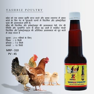 Y A S H B I Z P O U L T R Y
बड्बस को एक समान वृद्धध प्राप्त करने और समर स्वास््य में सुधार
करने क
े मलए पेट क
े शुरुआती चरणों में ववटाममन और इलेक्ट्रोलाइट
पूरक की आवश्यकता होती है।
बड्बस की ववटाममन और इलेक्ट्रोलाइट की आवश्यकता पेड़ों, रोग की
ल्स्थतत और पुनप्राबल्प्त चरण क
े दौरान बढ जाती है यशबीज पोशट्री
ववटाममन और इलेक्ट्रोलाइट्स की अततररक्त आवश्यकता को पूरा करने
में मदद करता है
खुराक : (१०० पक्षक्षयों क
े मलए)
धचक्स :- 5 ममली
ब्रॉयलर :- 7.5 ममली
लायसब :- 10 ममली
MRP - 310
PV - 45
 