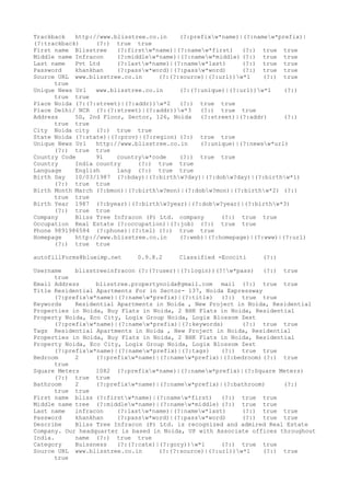 Trackback   http://www.blisstree.co.in    (?:prefixw*name)|(?:namew*prefix)|
(?:trackback)     (?:) true true
First name Blisstree    (?:firstw*name)|(?:namew*first) (?:) true true
Middle name Infracon    (?:middlew*name)|(?:namew*middle) (?:) true true
Last name   Pvt Ltd     (?:lastw*name)|(?:namew*last)     (?:) true true
Password    khankhan    (?:passw*word)|(?:passw*word)     (?:) true true
Source URL www.blisstree.co.in      (?:(?:source)|(?:url))w*1    (?:) true
      true
Unique News Url   www.blisstree.co.in     (?:(?:unique)|(?:url))w*1    (?:)
      true true
Place Noida (?:(?:street)|(?:addr))w*2   (?:) true true
Place Delhi/ NCR (?:(?:street)|(?:addr))w*3    (?:) true true
Address     5D, 2nd Floor, Sector, 126, Noida (?:street)|(?:addr)       (?:)
      true true
City Noida city (?:) true true
State Noida (?:state)|(?:prov)|(?:region) (?:) true true
Unique News Url   http://www.blisstree.co.in    (?:unique)|(?:newsw*url)
      (?:) true true
Country Code      91    countryw*code    (?:) true true
Country     India country     (?:) true true
Language    English     lang (?:) true true
Birth Day   10/03/1987 (?:bday)|(?:birthw?day)|(?:dobw?day)|(?:birthw*1)
      (?:) true true
Birth Month March (?:bmon)|(?:birthw?mon)|(?:dobw?mon)|(?:birthw*2) (?:)
      true true
Birth Year 1987 (?:byear)|(?:birthw?year)|(?:dobw?year)|(?:birthw*3)
      (?:) true true
Company     Bliss Tree Infracon (P) Ltd. company      (?:) true true
Occupation Real Estate (?:occupation)|(?:job) (?:) true true
Phone 9891986584 (?:phone)|(?:tel) (?:) true true
Homepage    http://www.blisstree.co.in    (?:web)|(?:homepage)|(?:www)|(?:url)
      (?:) true true

autofillForms@blueimp.net    0.9.8.2     Classified -Ecociti     (?:)

Username    blisstreeinfracon (?:(?:user)|(?:login))(?!w*pass) (?:) true
      true
Email Address     blisstree.propertynoida@gmail.com mail (?:) true true
Title Residential Apartments For in Sector- 137, Noida Expressway
      (?:prefixw*name)|(?:namew*prefix)|(?:title) (?:) true true
Keywords    Residential Apartments in Noida , New Project in Noida, Residential
Properties in Noida, Buy Flats in Noida, 2 BHK Flats in Noida, Residential
Property Noida, Eco City, Logix Group Noida, Logix Blossom Zest
      (?:prefixw*name)|(?:namew*prefix)|(?:keywords)      (?:) true true
Tags Residential Apartments in Noida , New Project in Noida, Residential
Properties in Noida, Buy Flats in Noida, 2 BHK Flats in Noida, Residential
Property Noida, Eco City, Logix Group Noida, Logix Blossom Zest
      (?:prefixw*name)|(?:namew*prefix)|(?:tags)    (?:) true true
Bedroom     2     (?:prefixw*name)|(?:namew*prefix)|(?:bedroom) (?:) true
      true
Square Meters     1082 (?:prefixw*name)|(?:namew*prefix)|(?:Square Meters)
      (?:) true true
Bathroom    2     (?:prefixw*name)|(?:namew*prefix)|(?:bathroom)     (?:)
      true true
First name bliss (?:firstw*name)|(?:namew*first) (?:) true true
Middle name tree (?:middlew*name)|(?:namew*middle) (?:) true true
Last name   infracon    (?:lastw*name)|(?:namew*last)     (?:) true true
Password    khankhan    (?:passw*word)|(?:passw*word)     (?:) true true
Describe    Bliss Tree Infracon (P) Ltd. is recognized and admired Real Estate
Company. Our headquarter is based in Noida, UP with Associate offices throughout
India.      name (?:) true true
Category    Buissness   (?:(?:cate)|(?:gory))w*1     (?:) true true
Source URL www.blisstree.co.in      (?:(?:source)|(?:url))w*1    (?:) true
      true
 