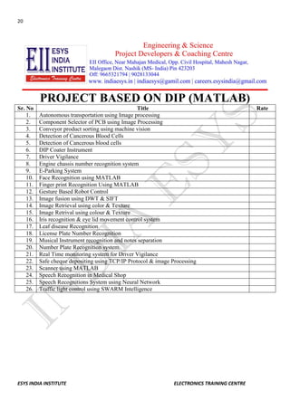 20 
ESYS INDIA INSTITUTE ELECTRONICS TRAINING CENTRE 
PROJECT BASED ON DIP (MATLAB) 
Sr. No 
Title 
Rate 
1. 
Autonomous transportation using Image processing 
2. 
Component Selector of PCB using Image Processing 
3. 
Conveyor product sorting using machine vision 
4. 
Detection of Cancerous Blood Cells 
5. 
Detection of Cancerous blood cells 
6. 
DIP Coater Instrument 
7. 
Driver Vigilance 
8. 
Engine chassis number recognition system 
9. 
E-Parking System 
10. 
Face Recognition using MATLAB 
11. 
Finger print Recognition Using MATLAB 
12. 
Gesture Based Robot Control 
13. 
Image fusion using DWT & SIFT 
14. 
Image Retrieval using color & Texture 
15. 
Image Retrival using colour & Texture 
16. 
Iris recognition & eye lid movement control system 
17. 
Leaf disease Recognition 
18. 
License Plate Number Recognition 
19. 
Musical Instrument recognition and notes separation 
20. 
Number Plate Recognition system. 
21. 
Real Time monitoring system for Driver Vigilance 
22. 
Safe cheque depositing using TCP/IP Protocol & image Processing 
23. 
Scanner using MATLAB 
24. 
Speech Recognition in Medical Shop 
25. 
Speech Recognitions System using Neural Network 
26. 
Traffic light control using SWARM Intelligence 
 